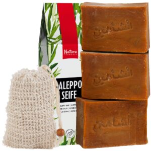 Natura Germania Aleppo Seife Set 20% (80% Olivenöl / 20% Lorbeeröl) 3 Stück je ca. 200 gr. Mit Sisal Seifensäckchen