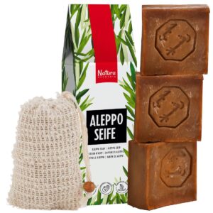 Natura Germania Aleppo Seife Set - 60% Olivenöl / 40% Lorbeeröl - 3 Seifen je ca. 200 gr. - inkl. einem Sisal Seifensäckchen