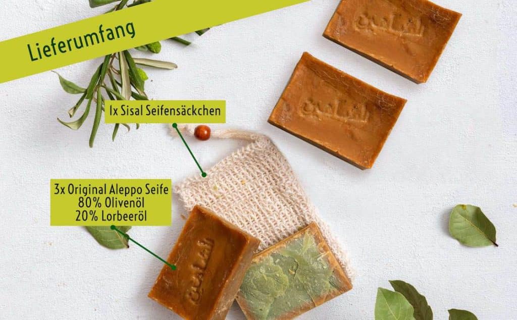 Natura Germania Aleppo Seife - Set - 80% Olivenöl / 20% Lorbeeröl - 3 Seifen je ca. 200 gr. inkl. Sisal Seifensäckchen