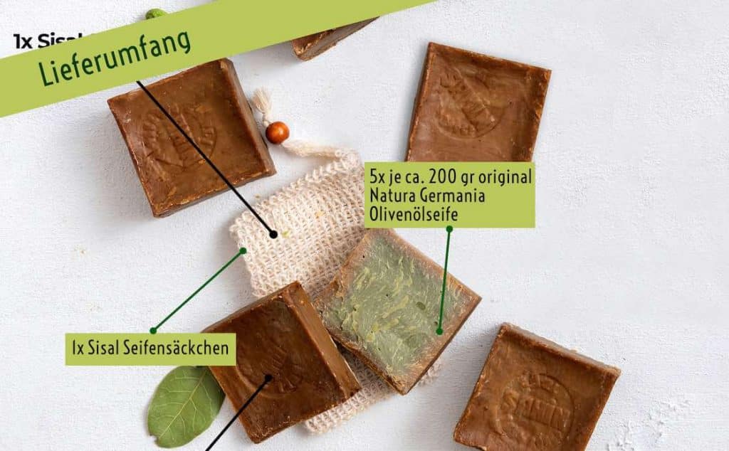 Natura Germania Olivenölseife - 5x. je ca 200 gr. Olivenölseife un ein Sisal Seifensäckchen